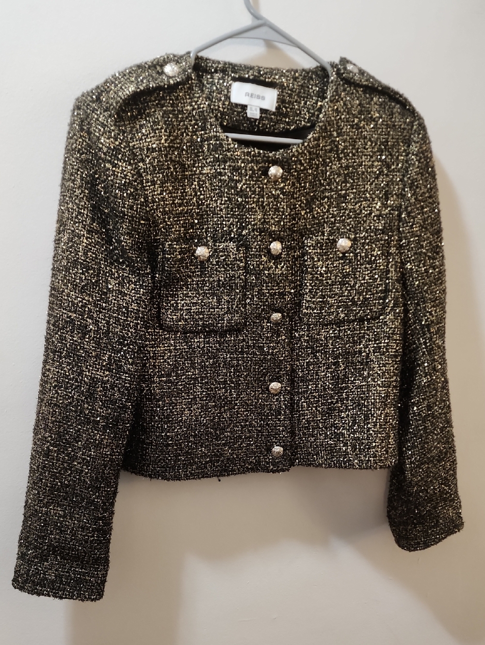 REISS Black and Gold Metallic Tweed Cropped Jacket